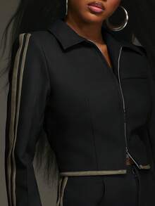 NYA SZN Kelli 夹克上衣 长袖 翻领 露脐 拉链细节 修身长裤 高腰 修身直筒裤 日常休闲街头风 秋冬 国王节 女款 - 黑色 - 查看 5