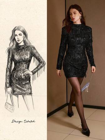 MOTF PREMIUM PAILLETTEN FRANSEN MINI KLEID, GEEIGNET FÜR PARTY UND WEIHNACHTEN, HERBST/WINTER