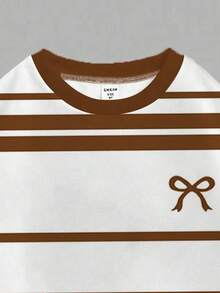 SHEIN Leap Crew 2 件套青少年女孩休闲时尚经典咖啡色条纹蝴蝶结图案运动衫和紧身裤套装，柔软厚实圆领长袖，适合秋冬季 - 彩色 - 查看 5