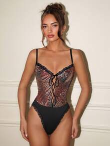 Glamine Bộ đồ liền thân họa tiết da báo lưới chắp vá màu tương phản, buộc dây họa tiết hoa cổ điển gợi cảm dành cho nữ - Nhiều màu - Xem 1