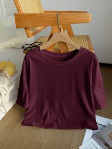 SHEIN EZwear Wine Red Solid Color Dropped Shoulder Casual Plus Size T-Shirt - Burgundy - View 4
