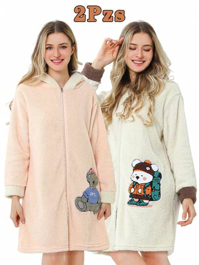 Pijama Invierno para Mujer, Pijamas Polar con Manga Larga, Pijama Grueso con Capucha, Diseño de Bordado con Apliques