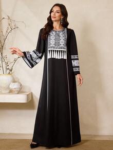 Al Najma 中东新款黑色阿巴雅长袍，复古印花图案，女士正装，土耳其长裙和阿拉伯传统长袍 - 黑色 - 查看 4