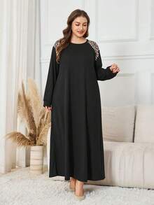 Lacomfia 大码优雅休闲中东豹纹长袖连衣裙 - 黑色 - 查看 5