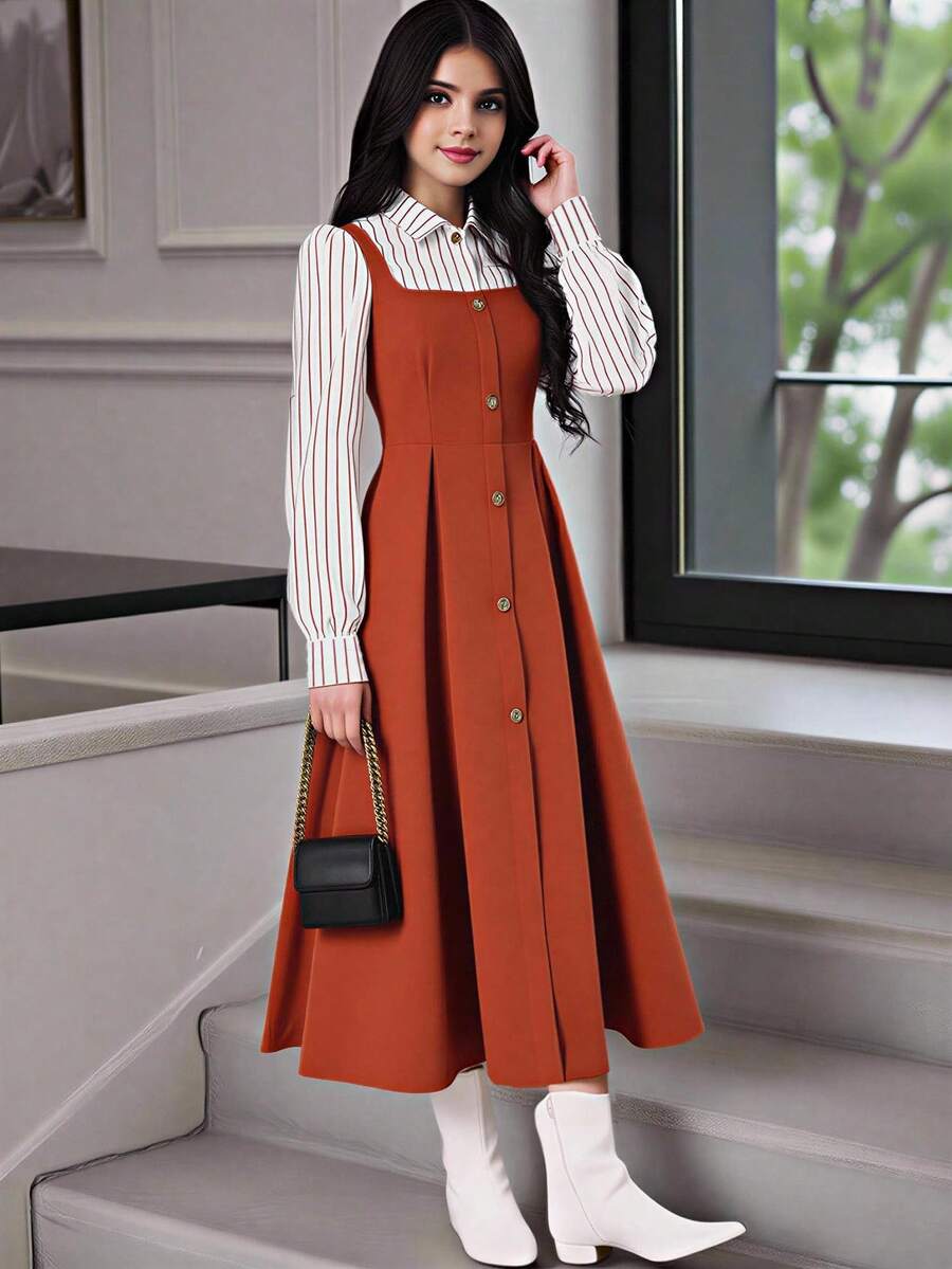 SHEIN 少女拼接长袖连衣裙 - 棕色 - 查看 1