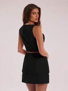 SHEIN BAE Elegant Solid Color Fitted Vest And Short Skirt Suit, Suitable For Daily Commute In Fall/Winter - Black - View 2