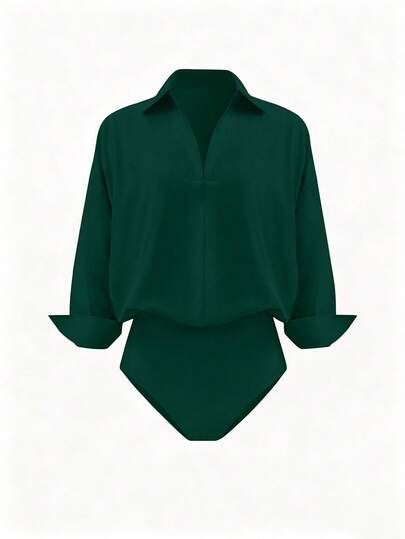 INAWLY Plus Size Green Elegant Long Sleeve Bodysuit