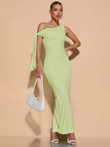 SHEIN BAE Váy xòe xếp ly lệch vai màu trơn thanh lịch cho nữ, mùa tốt nghiệp - Màu xanh chanh - Xem 5