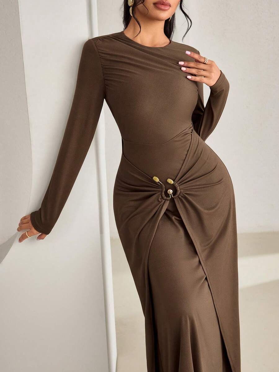 Veilorie Women's Elegant Solid Color Arabic Style Dress, Party Wear - Brown - View 1