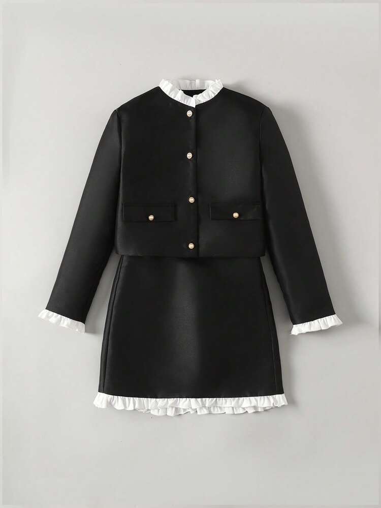 Tween Girl Black & White Contrast Frill Trim Crew Neck Casual Jacket & Skirt Set