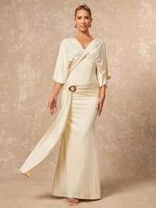 Lumalex 女士优雅黄色扭结设计金属装饰短袖修身喇叭连衣裙，春夏款 - 黃色 - 查看 3