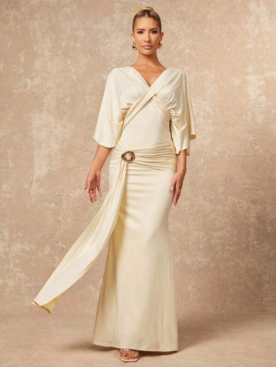 Lumalex 女士优雅黄色扭结设计金属装饰短袖修身喇叭连衣裙，春夏款