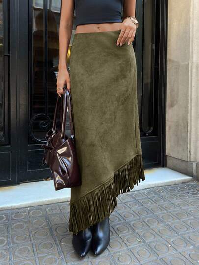 Aloruh Women's Extra Long Suede Skirt, Burgundy Ankara Red Vintage Romantic Bohemian Tassel Patchwork A-Line Skirt