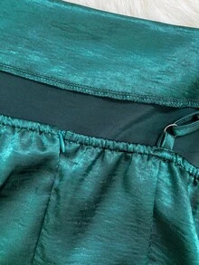 SHEIN Franclia 女士优雅缎面珍珠吊带裙，A 字廓形，适合通勤、派对和活动 - 墨綠色 - 查看 4