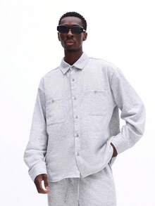 SUMWON 纽扣衬衫和裤子套装，采用混色针织面料，宽松休闲居家服两件套，纯色 - 灰色 - 查看 6