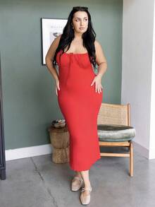 Truni Plus Size Women Solid Color Front Tie Bodycon Elegant Fashionable Cami Dress, For Summer - Red - View 7