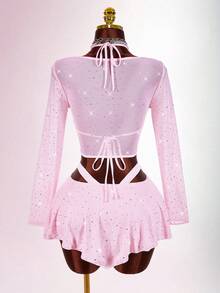 Amplova 2pcs/Set Sequin Detail Sexy Tight Fit Long Sleeve Crop Top & Tight Fit Inverted V Mini Skirt Mesh Two Piece Set Pink Two Piece Outfit - Pink - View 2