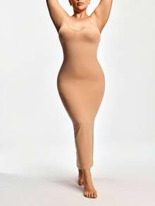 SHAPORA Plus Size Women Simple Solid Color Slit Hem Bodycon Cami Dress - Apricot - View 1