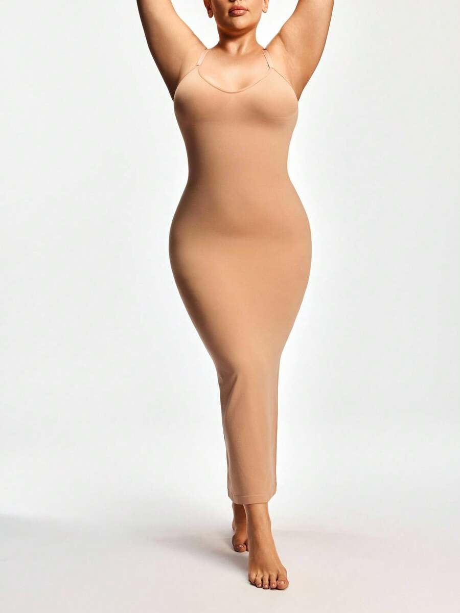 SHAPORA Plus Size Women Simple Solid Color Slit Hem Bodycon Cami Dress - Apricot - View 1