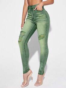Jeanoix Quần Jeans Denim Cạp Cao Có Túi, Kiểu Dáng Ôm, Thường Ngày, Đa Năng Cho Nữ - màu xanh lá - Xem 3