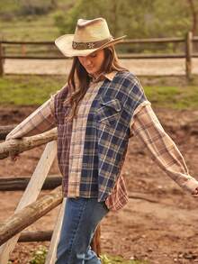 WESTFADE Mixed Brown Plaid Collared Button Front Long Sleeve Boyfriend Shirt Autumn,Casual,Occasion Winter,Boho,Western Nashville Cowgirl Holiday Christmas NYE - Brown - View 5