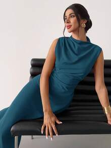 Firerie Váy ngắn xếp ly chữ A, màu đỏ, thanh lịch, tối giản, tinh tế, lãng mạn, ngọt ngào, đi làm hàng ngày, tiệc cưới, lễ hội âm nhạc, kỳ nghỉ - Màu xanh ngọc - Xem 6