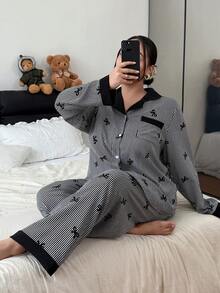 SHEIN 加大码撞色领荷叶边蝴蝶结条纹长袖睡衣套装 - 黑色 - 查看 5