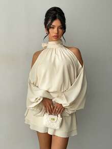 Aloruh Women's New Apricot Solid Color Mini Dress, Long Sleeve, Lantern Sleeve Design, A-Line Dress, Party Dress, Date Dress, Afternoon Tea Dress, Autumn/Winter New Year's Outfit For Women,Spring Outfit Women - Apricot - View 1