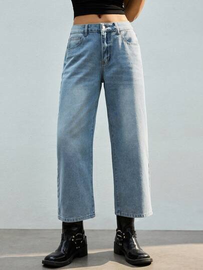 Maija Dames casual alledaagse woon-werkverkeer eenvoudige veelzijdige effen kleur lage taille losse rechte pijp cropped jeans