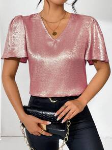 Rafferiza Metallic V-Neck Blouse For New Year Holiday Party Clothes - Pink - View 8
