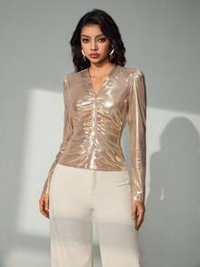 Lyxana Women V-Neck Button Front Long Sleeve T-Shirt - Champagne - View 4
