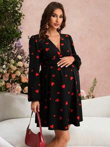 SHEIN Maternity Clothes Maternity  Dress Spring And Summer Pregnant Clothes Black Dress Lace V-Neck  Elegant Party Valentine's Day - Red and Black - View 3