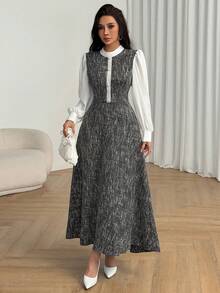 Modelyn Women's Grey Textured Tweed Long Sleeve Button-Down Waist A-Line Elegant Dress - Grey - View 6