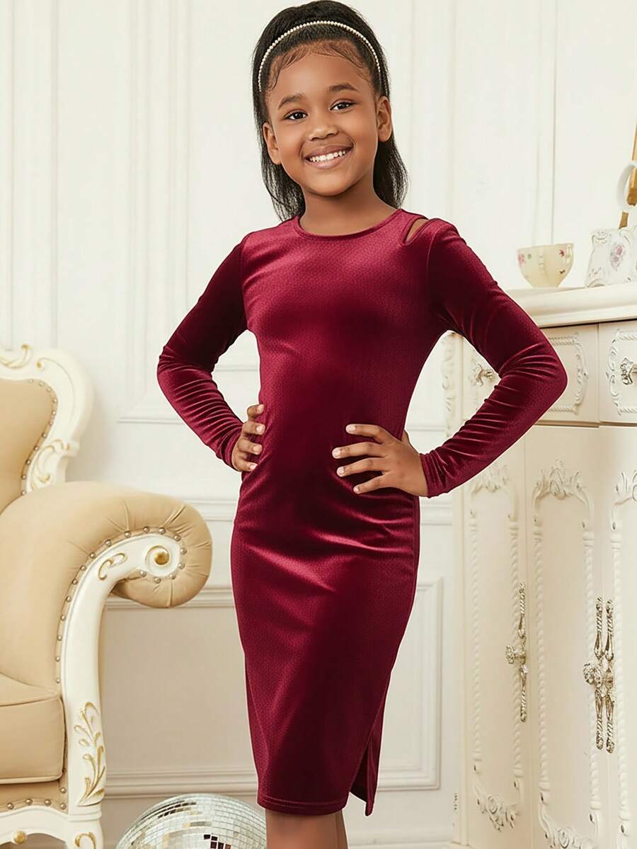 SHEIN Vestido largo de manga larga, ajustado, con hombros descubiertos y abertura, de terciopelo burdeos, elegante para niña preadolescente, adecuado para fiestas y salidas, otoño/invierno - Burdeos - Ver 1