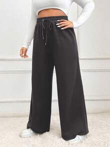 SHEIN EZwear 大码女式休闲抽绳腰宽松阔腿运动裤，纯色，适合日常通勤 - 深灰色 - 查看 6