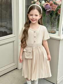 Elladie kids 1pc Girls Kids Summer New 2025 Round Neck Short Sleeve Front Button Decor Hem Pleated Design Khaki Casual Dress + Crossbody Bag, Elegant Minimalist Fashion Versatile For School And Outings - Khaki - View 3