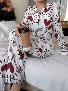 SHEIN Bộ đồ ngủ tay dài in hình trái tim và quần dài họa tiết bong bóng dành cho nữ - trắng - Xem 1