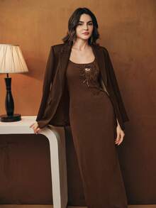 Anewsta 金属花卉手工法式串珠刺绣针织弹力修身吊带优雅派对长裙 - 咖啡 - 查看 5