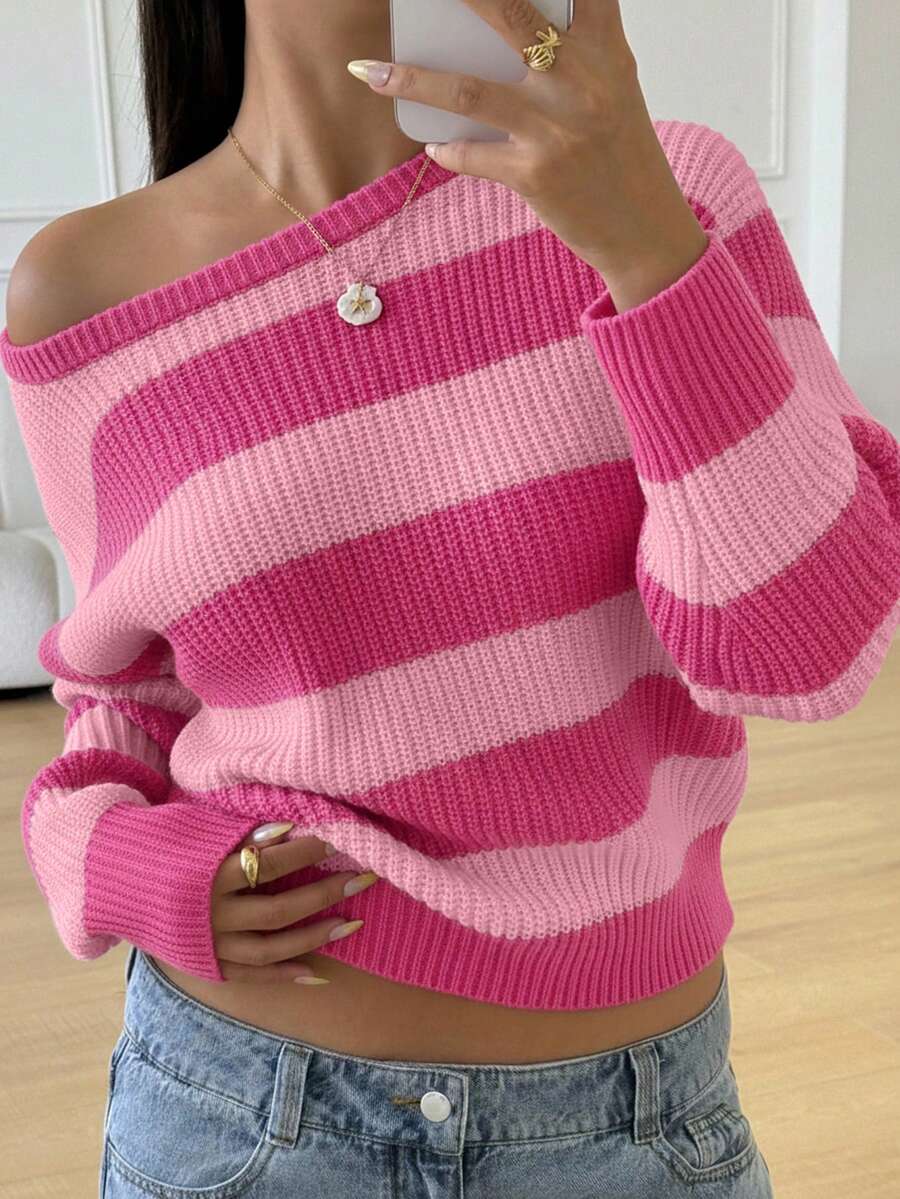 SHEIN Teenager Mädchen Lässig gestreifter Strickpullover, minimalistisch & modisch, geeignet für den täglichen Gebrauch, Herbst/Winter - Pink - Übersicht 1