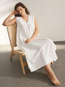 Ocili 100% Cotton Embroidered Comfortable Sleeveless Dress, Leisure Home Dress, Plus Size Nightgown - White - View 3