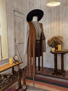 Wildy Autumn/Winter Sleeveless Long Black Fringe Boho Style Casual Jacket For Women Western Tops