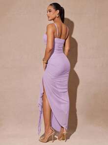 Silquee Váy xẻ tà cao tay bèo nhún lãng mạn màu xanh lá cây thanh lịch, đầm dự tiệc bodycon ren dành cho nữ, thích hợp cho ngày lễ tình nhân, hẹn hò, đám cưới, dạ hội - Màu tím hoa cà - Xem 2