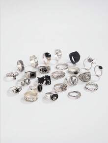 ROMWE Goth 24 chiếc nhẫn kim loại hình học Punk thời trang, nhẫn đá quý màu đen, không thể điều chỉnh, trang sức quyến rũ Hip-Hop Punk cá nhân hóa dành cho nam, quà tặng ngày lễ, quà tặng sinh nhật, bộ nhẫn - Màu Bạc Cổ - Xem 2