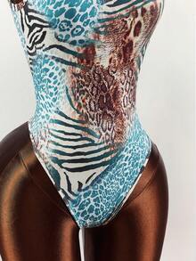 Amplova Women's Tight Bodysuit With Wide Top, Narrow Bottom, Spaghetti Straps, Square Neckline, Lace Cup Inserts, Leopard Print - Multicolor - View 6