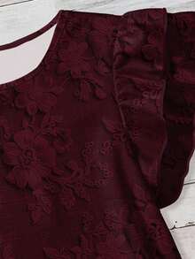 EMERY ROSE 女士纯色荷叶领休闲百搭短袖衬衫 - 酒紅色 - 查看 3