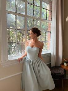 Rafferiza 时尚百搭约会派对吊带喇叭连衣裙，适合秋冬季女性 - 綠松石色 - 查看 3