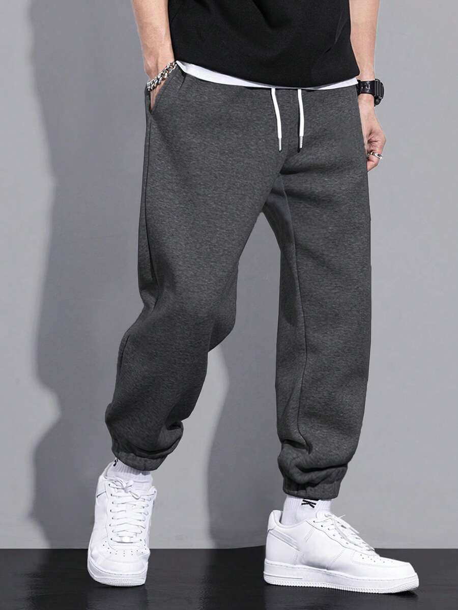 Manfinity Homme Men's Casual Solid Color Drawstring Waist Jogger Sweatpants - Dark Grey - View 1