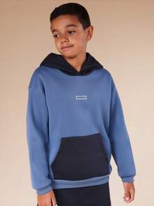 SUMWON Tween Contrast Color Block Pullover Hoodie And Relaxed Jogger Set With Centre Pocket Comfortable Everyday Casual Wear Vacation - Blue - View 3