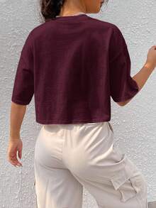 SHEIN EZwear Wine Red Solid Color Dropped Shoulder Casual Plus Size T-Shirt - Burgundy - View 9
