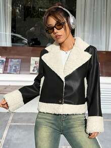 SHEIN EZwear Damska kurtka z futrzanym wykończeniem i kołnierzem garniturowym na jesień/zimę